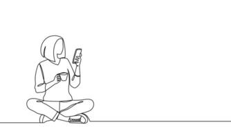 uma mulher senta em a chão com uma copo do café e usa uma Smartphone. blogueiro, social redes, formulários. vetor ilustração contínuo linha, linha arte, esboço