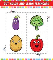 cortar cor e aprender cartão de memória atividade coloração livro para crianças com fofa desenho animado legumes vetor