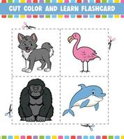 cortar cor e aprender cartão de memória atividade coloração livro para crianças com fofa desenho animado animal personagem vetor