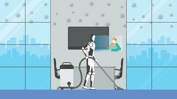 limpeza robô ao controle de humano controlo remoto dentro risco área. escritório encontro sala. vetor