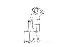 uma homem em verão período de férias desgasta uma chapéu e carrega uma mala de viagem vetor