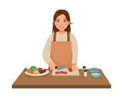 jovem mulher cozinhando refeição corte fatiamento tomate vegetal com faca dentro a cozinha vetor
