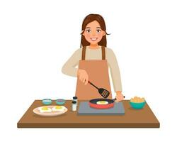 jovem mulher cozinhando frito ovo com fritar panela dentro a cozinha vetor