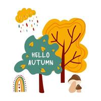 outono vetor ilustração. árvores, cogumelos, arco-íris, nuvem. outono tema. branco isolado fundo.