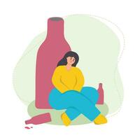fêmea alcoolismo. triste menina com depressão e uma garrafa do vinho. mau hábito, álcool vício. plano vetor ilustração