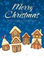 Natal cumprimento cartão com colorida fundo. Pão de gengibre casas e Nevado clima. alegre Natal e feliz Novo ano vetor