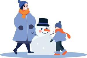 mão desenhado criança personagem jogando com boneco de neve dentro inverno dentro plano estilo vetor