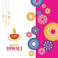 feliz Diwali, festival do luzes, papel gráfico do indiano rangoli, dourado luzes, colorida decorativo fundo, azul magenta fundo vetor