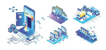 isométrico comprar, compradores escolhendo e comprando roupas dentro comprar, Entrega Serviços, logístico serviço, livre Remessa vetor
