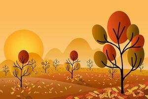 outono panorama pôr do sol rural cena com folhas. vetor ilustração. desenho animado fundo.