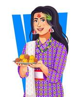 nepalês menina a comemorar dashain com tika e Jamara. menina dentro tradicional nepalês vestuário detém doces em prato vetor