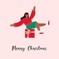 Natal cartão com uma alegre mulher sentado em uma grande vermelho presente. vetor