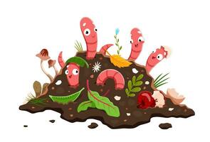 desenho animado engraçado terra vermes vermicompostagem dentro solo vetor