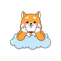 desenho animado kawaii Shiba inu cachorro descansando em nuvem vetor