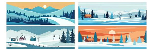 conjunto do inverno fundo bandeira. inverno panorama com montanha, pinho árvores, Colina e casa. vetor ilustração.