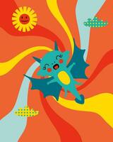engraçado Dragão mosca dentro a céu vetor gráfico poster. ano do a Dragão 2024 desenho animado personagem.