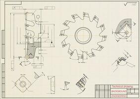 mecânico Engenharia desenhos em bege técnico papel fundo. corte ferramentas, moagem cortador. industrial Projeto. cobrir. projeto. o negócio negócios. vetor ilustração.