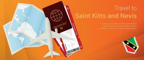 viagem para santo kitts e nevis pop-under bandeira. viagem bandeira com Passaporte, bilhetes, avião, embarque passar, mapa e bandeira do santo kitts e neve. vetor