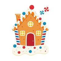 casa de padaria. gengibre de natal. biscoitos em forma de casinhas com enfeites de doces. doces e presentes de natal. pirulitos listrados. ilustração vetorial vetor