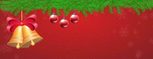 vermelho Natal cartão com flocos de neve e feriado decorações, dourado sinos e Natal bolas. alegre Natal e feliz Novo ano vetor ilustração.