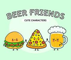 copo feliz bonito e engraçado de cerveja, pizza e hambúrguer. vector personagens de desenhos animados kawaii desenhados à mão, ícone de ilustração. copo de desenho animado de cerveja, pizza e conceito de amigos de mascote de hambúrguer