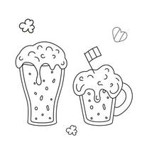 vidro e caneca com Cerveja com bandeira e trevo. vetor ícone dentro rabisco estilo. isolado espumoso cerveja.
