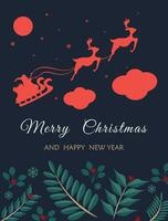 alegre Natal e feliz Novo ano, santa claus drives trenó com rena em a estrelado céu, plano desenho animado estilo, vetor ilustração.