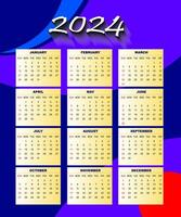 2024 1 página parede calendário Projeto modelo, moderno 12 meses 1 página calendário. moderno parede calendário Projeto 2024. impressão pronto 1 página parede calendário modelo Projeto para 2024. semana começa em Domingo. vetor