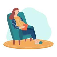 uma jovem grávida se senta em uma cadeira e segura um tablet nas mãos vetor