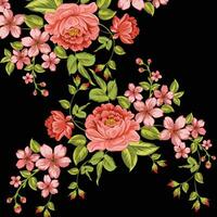 lindo Rosa flores e verde folhas em uma Preto fundo vetor