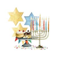 mão desenhado vetor hanukkah símbolos com estrelas do david. judaico chanukah menorá, rosquinhas, pião, Magen david