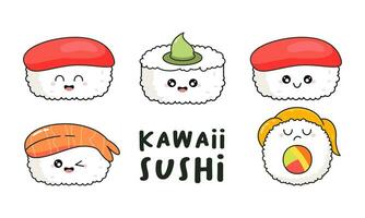 mão desenhado vários fofa kawaii Sushi, rolos, sashimi personagem japonês alimentos ilustração vetor