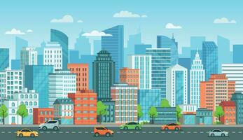 paisagem urbana com carros. cidade rua com estrada, Cidade edifícios e urbano carro desenho animado vetor ilustração