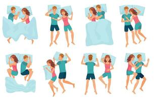 casal dorme dentro diferente poses. homem e mulher dormindo junto, casal dentro cama e saudável noite dormir vetor conjunto