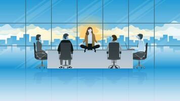 uma calma empresária senta e medita em a escritório conferência quarto mesa vetor