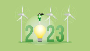verde energia conceito. visão empresária usa binóculos em 2023 e vento turbina gerador poder. vetor