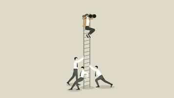 uma visionário empresária usa binóculos em uma escada com uma apoiando equipe vetor