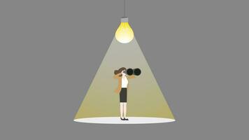 uma empresária usa binóculos com uma luz lâmpada vetor