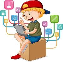 um menino usando tablet para ensino à distância online vetor
