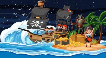 cena da ilha do tesouro à noite com crianças piratas no navio vetor