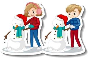 Adesivo de casal de crianças construindo boneco de neve com personagem de desenho animado vetor