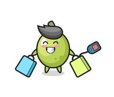 desenho de mascote verde-oliva segurando uma sacola de compras vetor