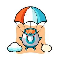 O desenho do mascote do foguete está a saltar de pára-quedas com um gesto feliz vetor