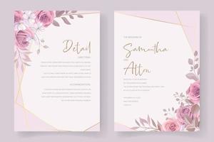 modelo de cartão de convite de casamento com decoração de rosas e folhas vetor