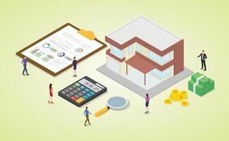 calculadora de hipoteca com equipe e casa vetor