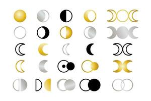 ouro e Preto crescente lua ícones, lua ciclo ícones, eclipse, crescente, fases, astrologia, horóscopo gráficos vetor