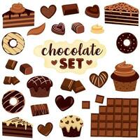 uma ampla conjunto do chocolate produtos. coração em forma doces, chocolate peças. Preto e leitoso. vetor ilustração