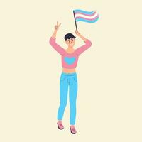 transgêneros mulher com arco Iris bandeira mostrando Paz placa. internacional transgêneros visibilidade dia. lgbt igualdade, diversidade, inclusão conceito. vetor