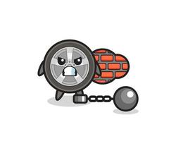 personagem mascote da roda de carro como um prisioneiro vetor