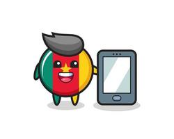 desenho animado da ilustração do emblema da bandeira dos Camarões segurando um smartphone vetor